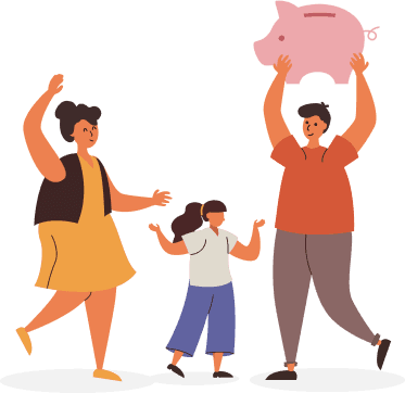 An illustration of a happy family celebrating their savings