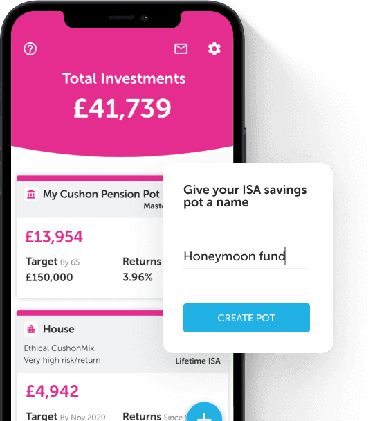 Cushon mobile app mockup showcasing how to give a name to an ISA pot.