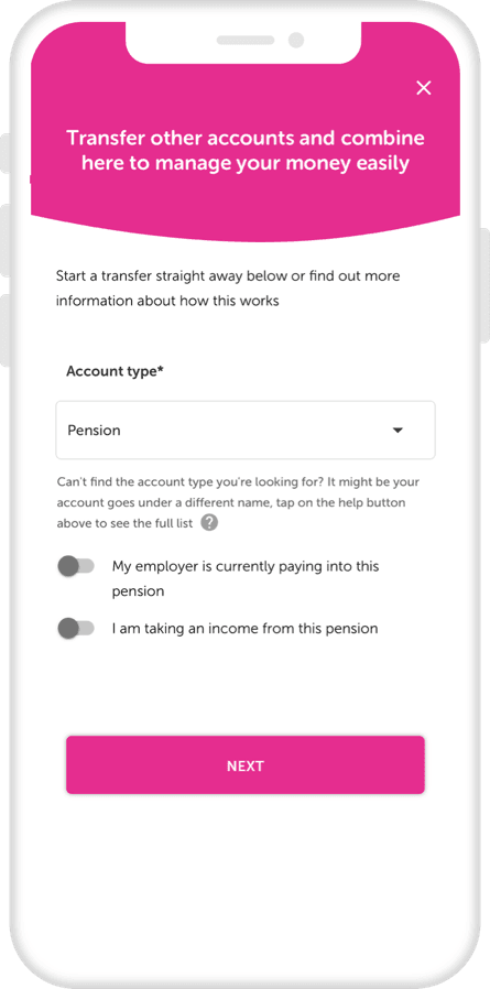 Transfer other pensions in the app mockup
