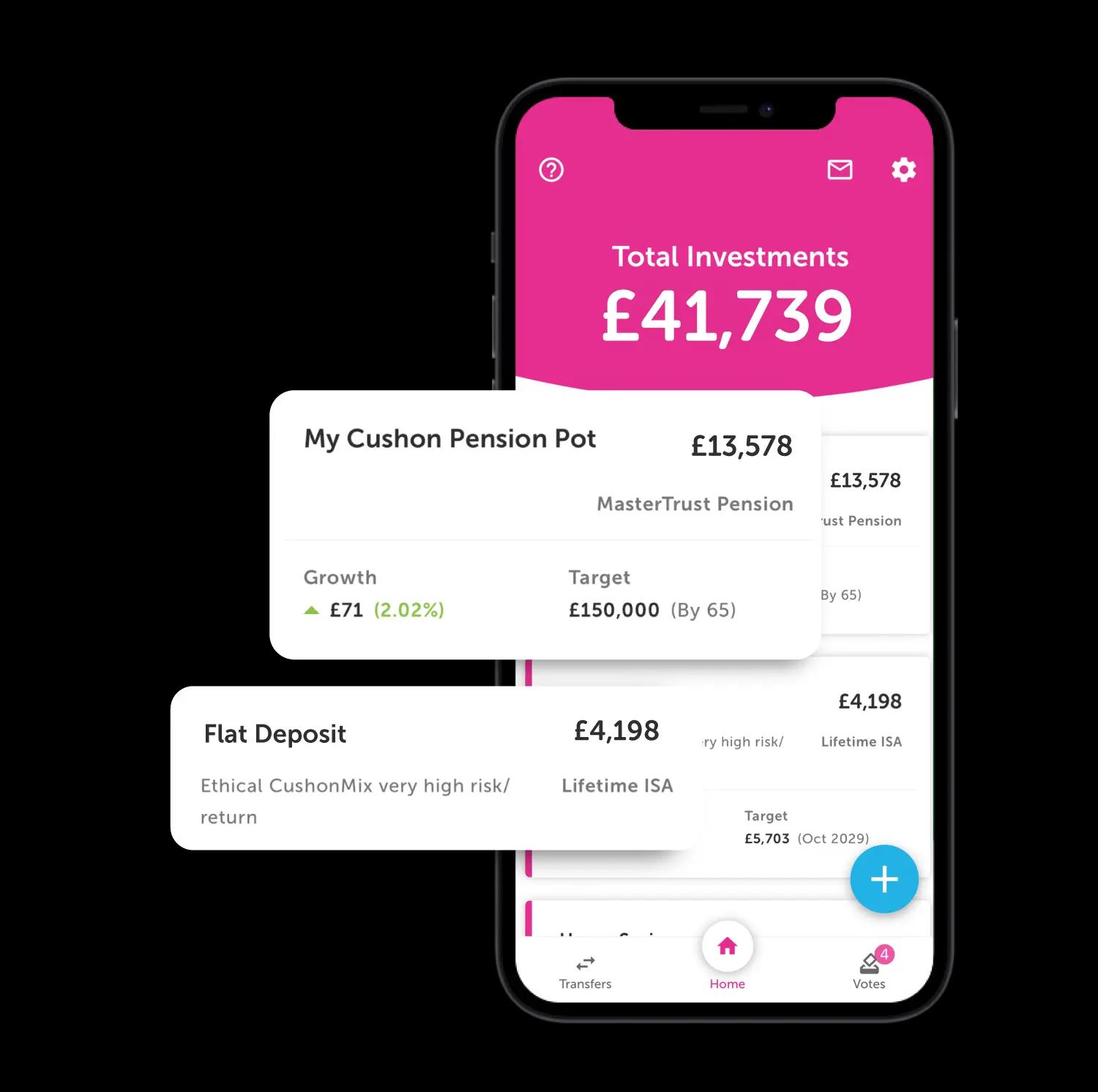 Investment pots displayed on the Cushon mobile app
