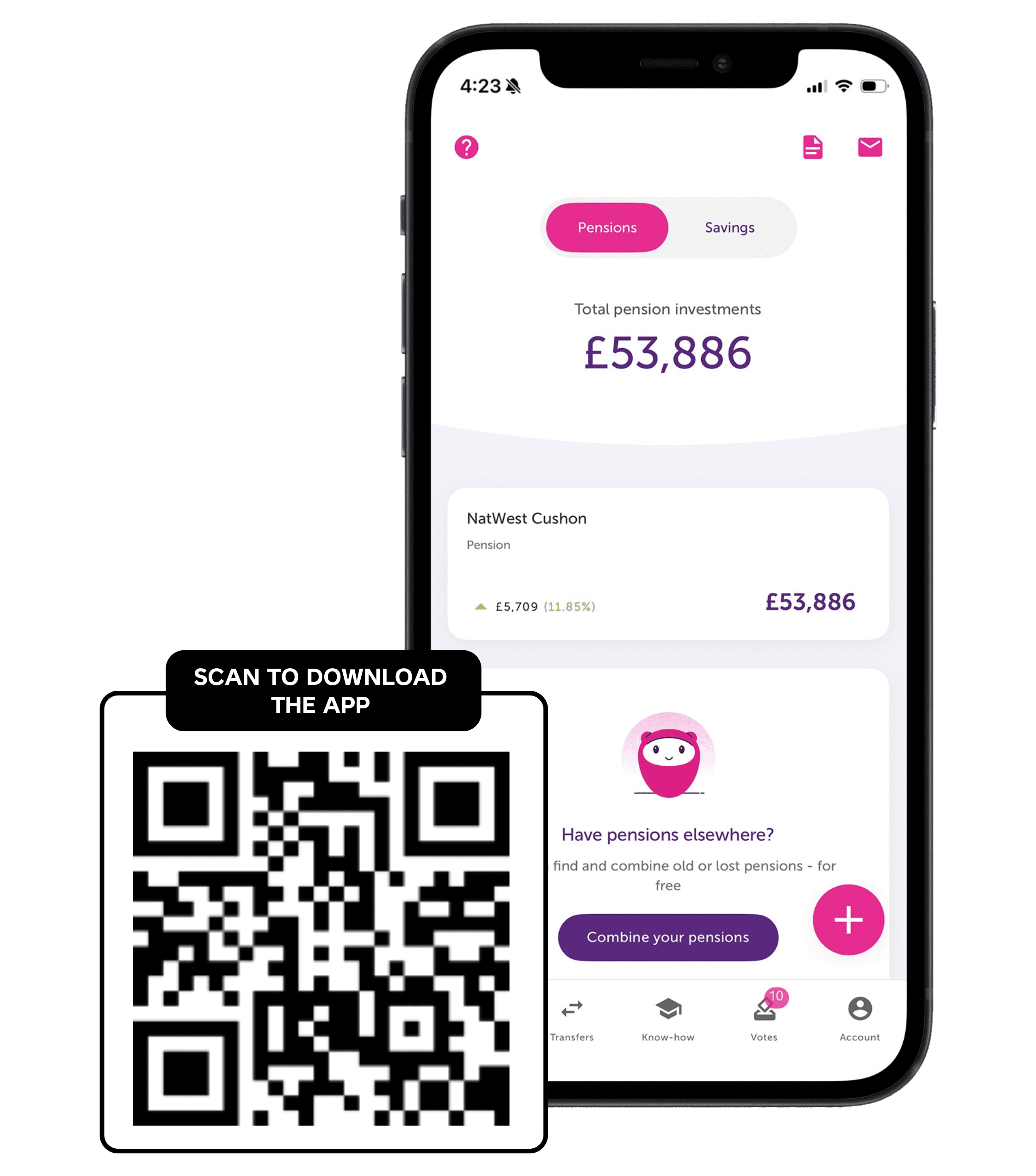 NatWest Cushon app  with a QR code to download it. Figures shown are for illustrative purposes.